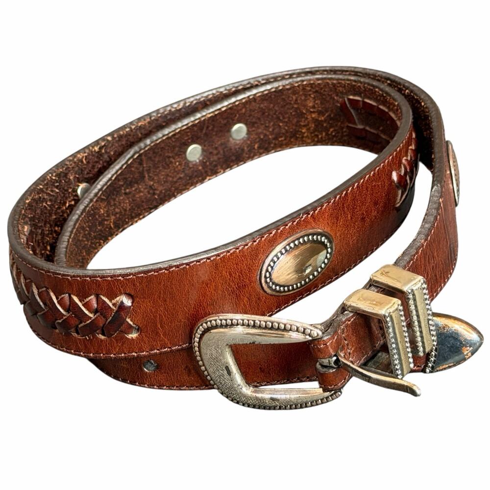 Vintage Latigo Leather Belt 34‎ Brown Antique Silver Concho Patina Braid Western